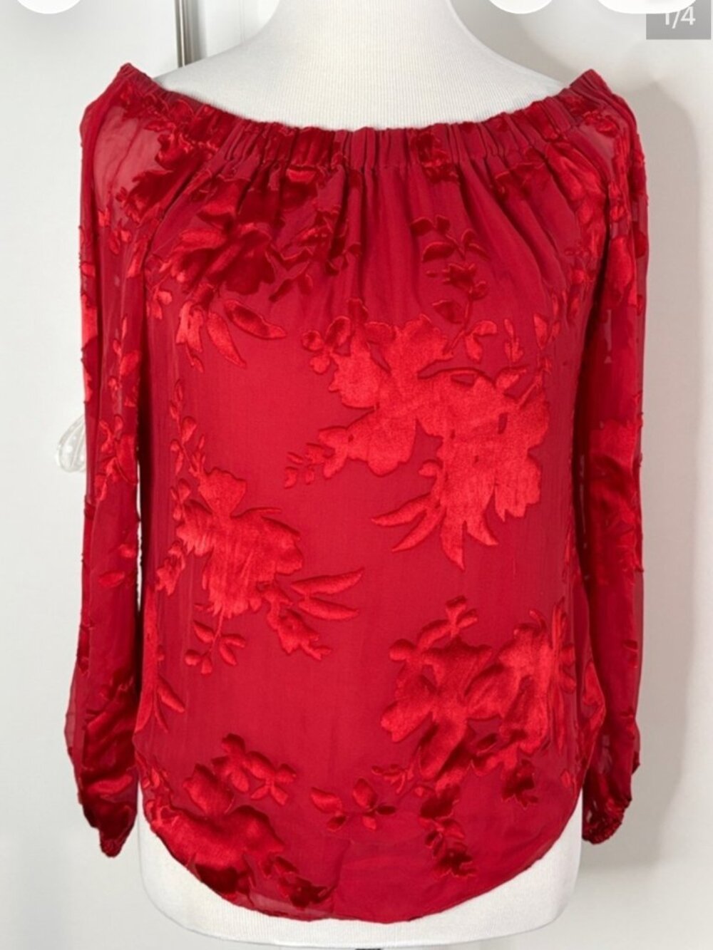 WHBM Red Off-Shoulder Floral Burnout Blouse XS